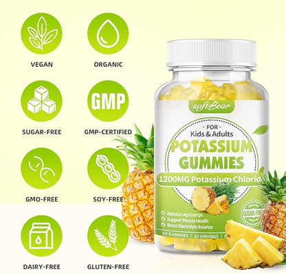 softbear Potassium Chloride Gummies 1200mg, Sugar-Free Potassium Gummies for Adults Support Leg Cramps High Potency Potassium Chloride Supplement, Pineapple Flavor 120 Count