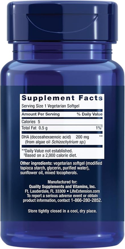 Life Extension Vegetarian DHA, Omega-3 from Algae for cognition, Mood & Eye Health, Gluten-Free, Non-GMO, Vegan, 30 softgels
