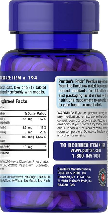 Puritan's Pride Premium Vitamin B-Complex and Vitamin B-12, Vegetarian Dietary Supplement for Cellular Energy Production, Maintains Health of Skin and Nerves Support, 180 Tablets