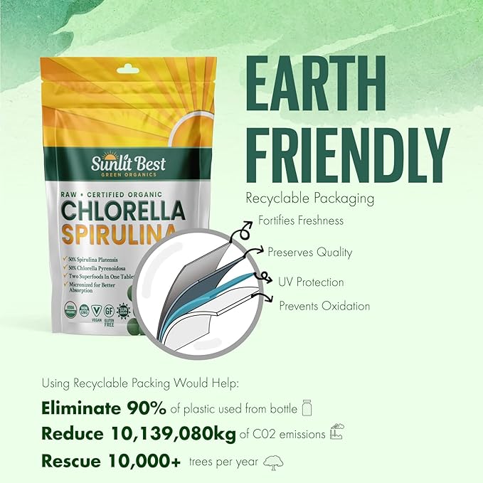 Sunlit Best Chlorella Spirulina Tablets - Organic USDA, Premium Spirulinas and Chlorella Capsules 1000 Pills - Chlorellas Natural Superfood with Spirulina Algae, Enzymes Chlorophyll & Vegan Protein