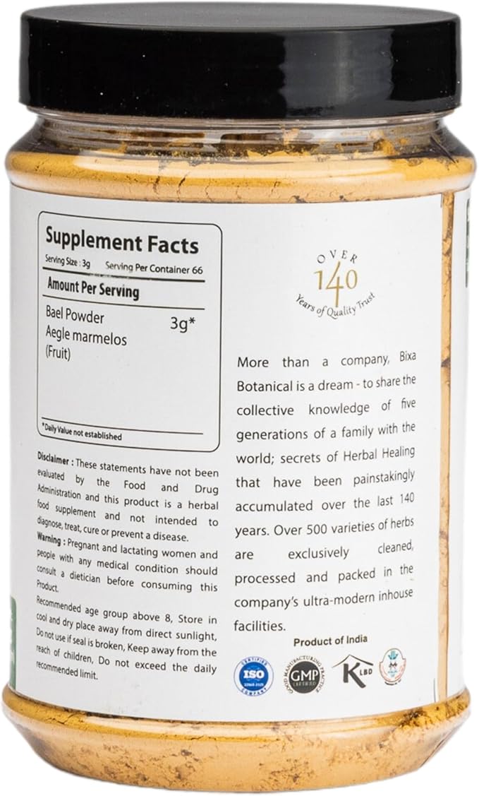 bixa BOTANICAL Bilva Fruit Powder | Aegle marmelos/Bael Fruit | 200 Grams / 7 OZ | Ayurvedic Herbal Supplement | Healthy Bowel Functions | Gluten Free, Non-GMO, Steam Treated, Vegan, 100% Pure.