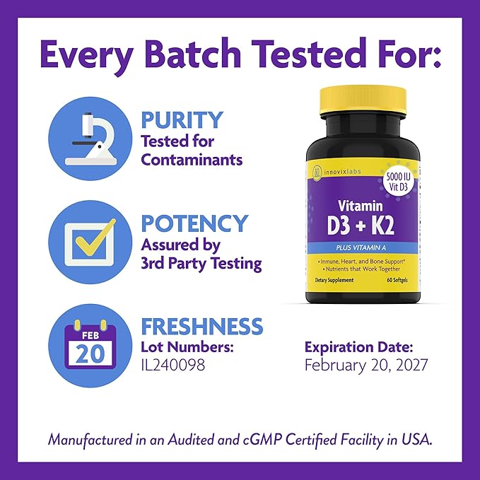 InnovixLabs Vitamin D3 K2-5000 IU Vitamin D3 Plus 600 mcg Vitamin K2 MK4 and MK7 for Max Calcium Absorption, Supports Bone, Immune, Heart Health, 3rd Party Tested, Gluten Free, 60 Softgels