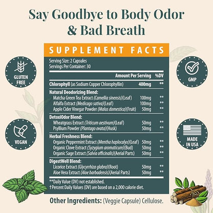 Women's Body Deodorizing Supplement – Chlorophyll Capsules for Body Odor, Fresh Breath & Gut Detox, For Workouts & Social Confidence – Vegan with Matcha Green Tea, Apple Cider Vinegar (60 Caps)