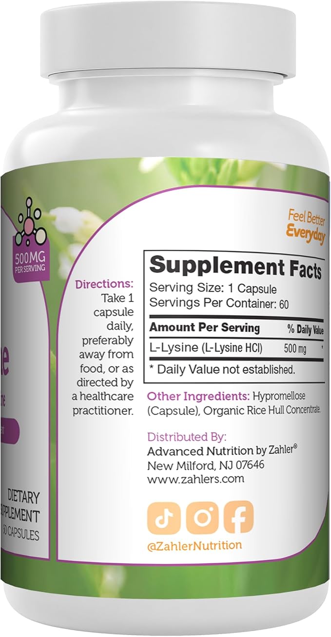 Zahler L-Lysine 500mg, Freeform L-Lysine Supplement, Kosher 60 Capsules