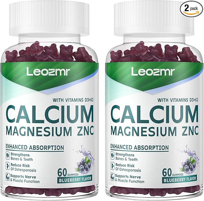 Calcium Magnesium Zinc Gummies with Vitamin D3 & K2 - High Potency Enhanced Absorption -120 Blueberry Gummies Flavored