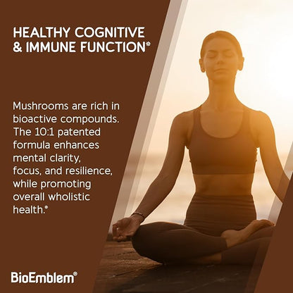 BioEmblem Mushroom Complex - 10:1 Strength and 7 Species - Lions Mane, Reishi, Cordyceps, Chaga, Maitake, Shiitake Mushroom Supplement - Immunity, Energy & Focus, Brain - Non-GMO, Vegan - 90 Caps