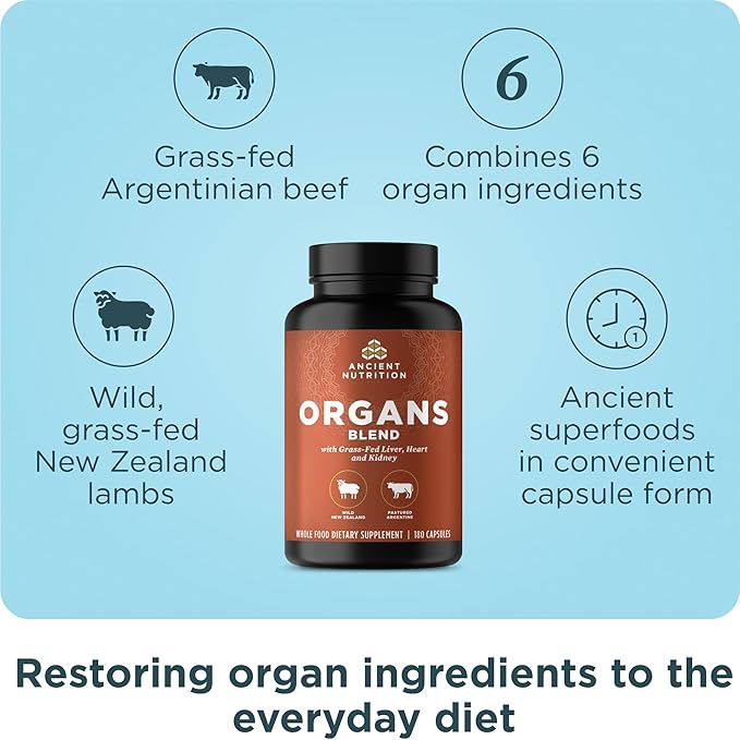 Ancient Nutrition Organ Supplements, Grass-Fed and Wild Organ Complex Capsules, Liver, Heart, Kidney Supports Organ, Cognitive, and Immune System Health, 180 Ct