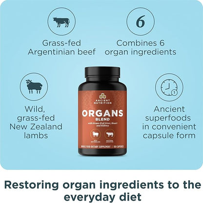 Ancient Nutrition Organ Supplements, Grass-Fed and Wild Organ Complex Capsules, Liver, Heart, Kidney Supports Organ, Cognitive, and Immune System Health, 180 Ct