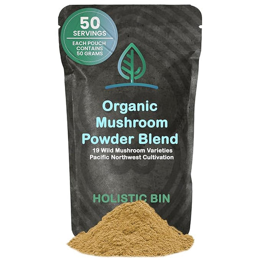Holistic Bin Mushroom Blend Powder – 19 Wild Harvested Varieties (Lion's Mane, Reishi, Enoki, Mesima, Turkey Tail, Cordyceps, & More) – Adaptogenic Mushrooms – Made in The USA – 50 Grams