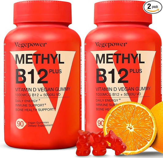 Vitamin B12 1000 mcg Gummies for Adults - Vegan Methyl B12 & Vitamin D3 5000 IU Gummy Supplements for Women - Supports Bone Health & Energy Boost - Non-GMO, Orange Flavor 180 Bears