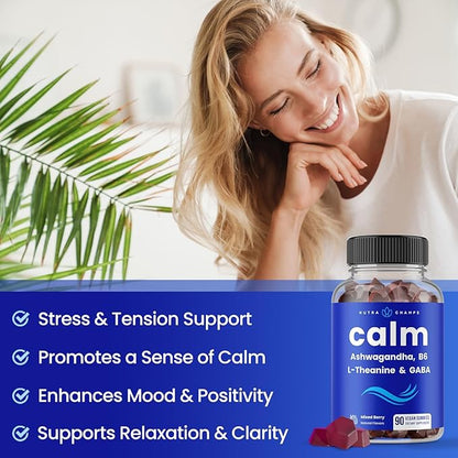 NutraChamps Calm Gummies, Stress Gummies Supplement with Ashwagandha, L-Theanine, GABA, Vitamin B6 & Lemon Balm, Supports Mood, Focus & Stress Relief, Natural Berry, 90 Gummies