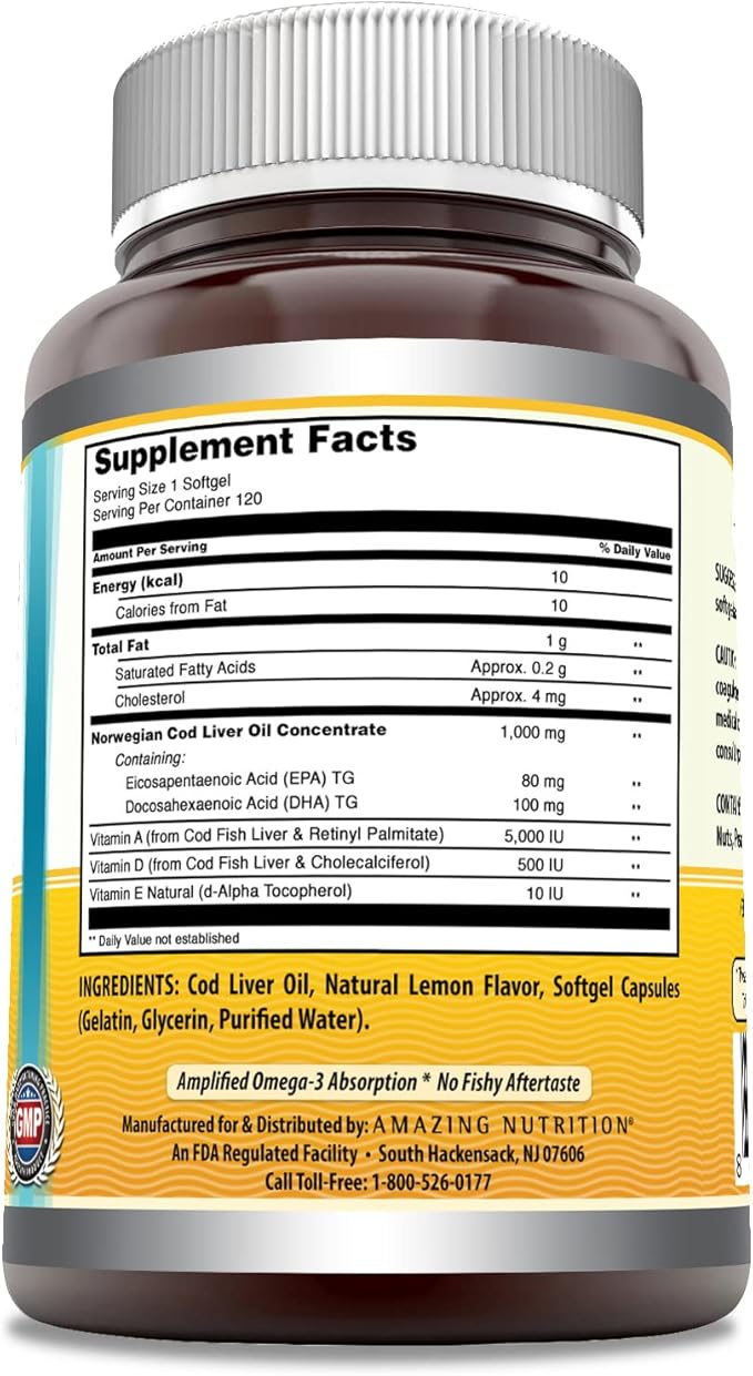 Amazing Omega Norwegian Cod Liver Oil 1000 Mg Softgels Supplement | Omega-3, EPA, DHA, Vitamin A, Vitamin D & Vitamin E (Lemon | 120 Count)