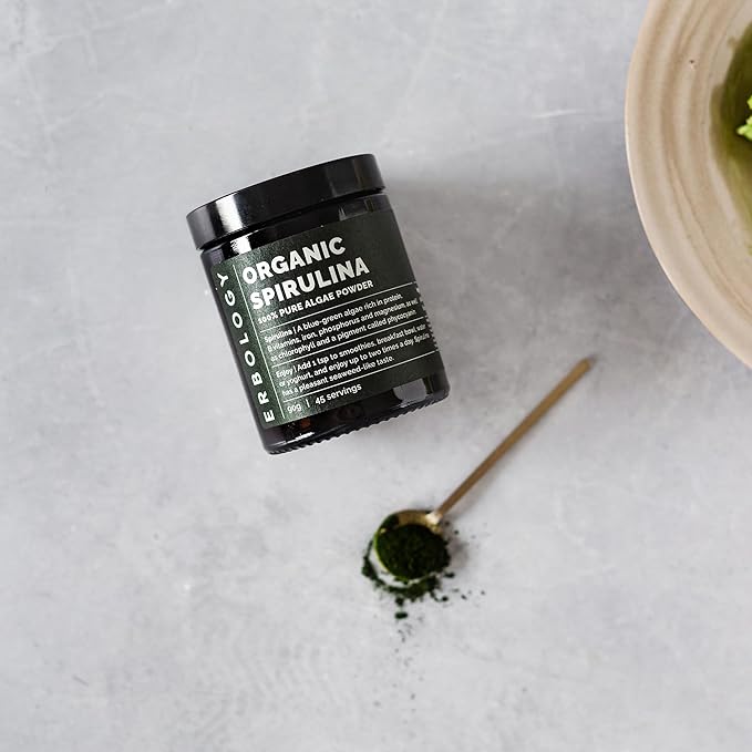 Erbology Organic Spirulina Powder 3.2 oz - 45 Servings - Sustainably Sourced in Portugal - Energy and Immunity Support - Rich in Chlorophyll, B Vitamins, Iron and Phosphorus - Vegan - GMO-Free