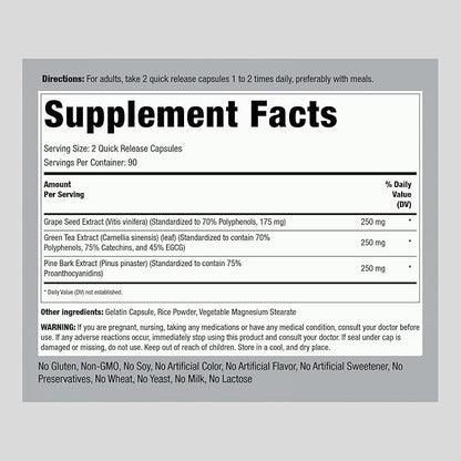 Piping Rock Grape Seed, Green Tea & Pine Bark Complex | 180 Capsules | Standardized Extract | Non GMO, Gluten Free Supplement