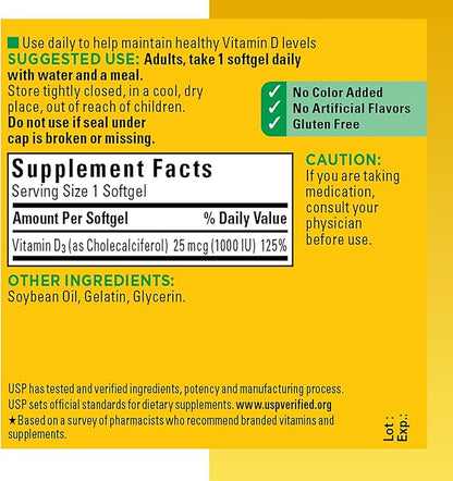Vitamin D3 1000IU (25 mcg) Softgels, Dietary Supplement for Immune Health Support 100 Softgels (Pack of 2)
