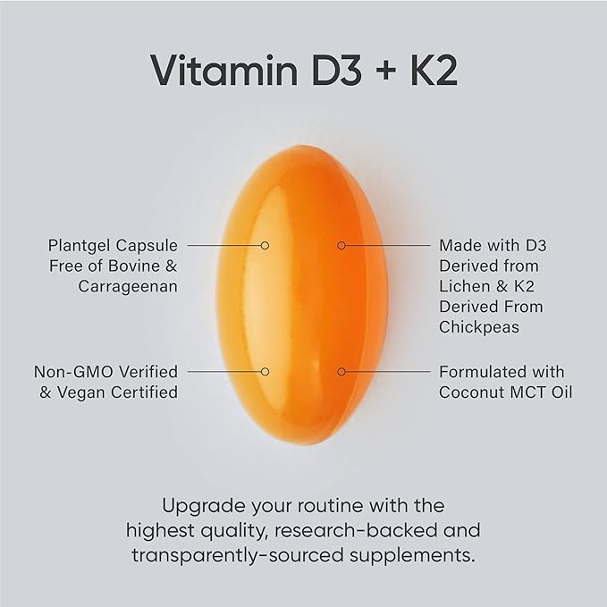 Sports Research® Vitamin D3 + K2 with Coconut MCT Oil | Vegan D3 5000 IU with K2 100 mcg for Bone & Immune Health | Vegan Certified, Soy & Gluten Free - 120 Softgels