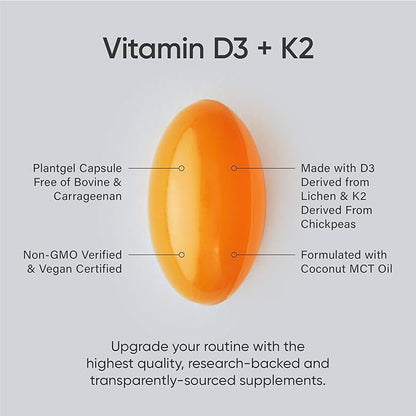 Sports Research® Vitamin D3 + K2 with Coconut MCT Oil | Vegan D3 5000 IU with K2 100 mcg for Bone & Immune Health | Vegan Certified, Soy & Gluten Free - 120 Softgels