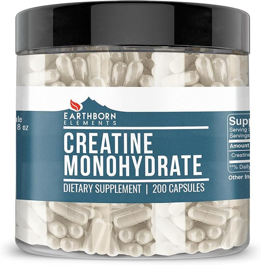 Earthborn Elements Creatine Monohydrate 200 Capsules, Pure & Undiluted, No Additives