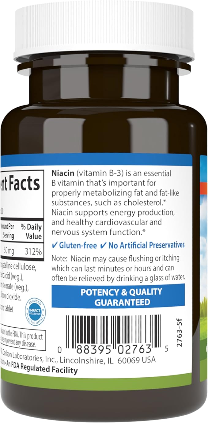 Carlson - Niacin, 50 mg, Supports Cholesterol Metabolism, Energy Production, Heart Health, Nerve Function, 300 Tablets