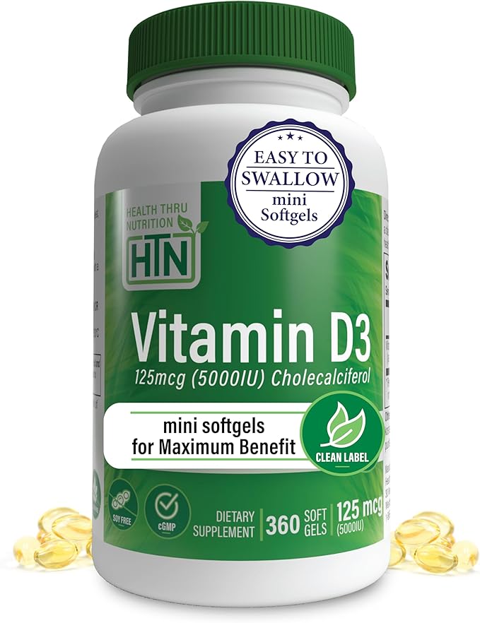 Health Thru Nutrition Vitamin D3 5,000iu 360 Mini Softgels for Maximum Benefit Year Supply | 125mcg Cholecalciferol | 3rd Party Tested | Non-GMO USP Grade in Organic EVOO | Immune Health Support
