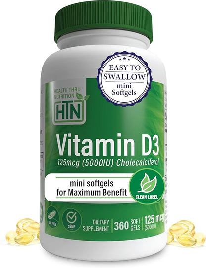 Health Thru Nutrition Vitamin D3 5,000iu 360 Mini Softgels for Maximum Benefit Year Supply | 125mcg Cholecalciferol | 3rd Party Tested | Non-GMO USP Grade in Organic EVOO | Immune Health Support