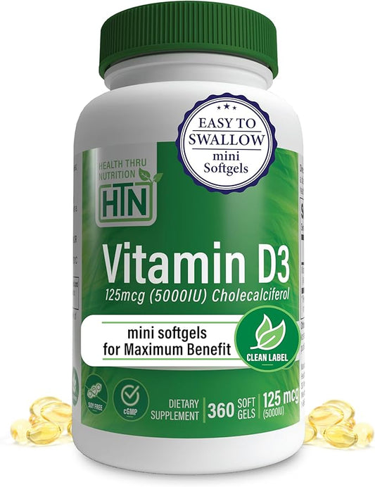 Health Thru Nutrition Vitamin D3 5,000iu 360 Mini Softgels for Maximum Benefit Year Supply | 125mcg Cholecalciferol | 3rd Party Tested | Non-GMO USP Grade in Organic EVOO | Immune Health Support