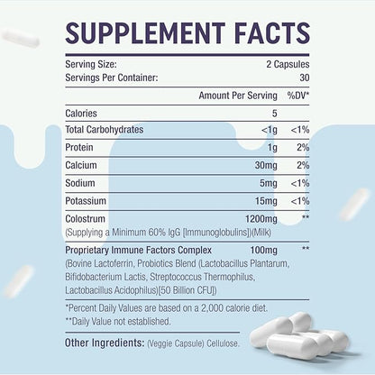 Bovine Colostrum Capsules Supplement 1300mg - Extra High 60% IgG Bovine Colostrum - Gut, Bone, Exercise, Immune - 120 Capsules