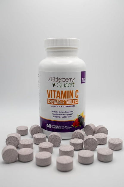 Elderberry Queen Chewable Vitamin C 500mg - Immune Boost & Antioxidant Support Tablets with Vitamin A, E & Organic Echinacea, Elder Fruit, Acerola - Natural Dietary Supplement, 60 Count