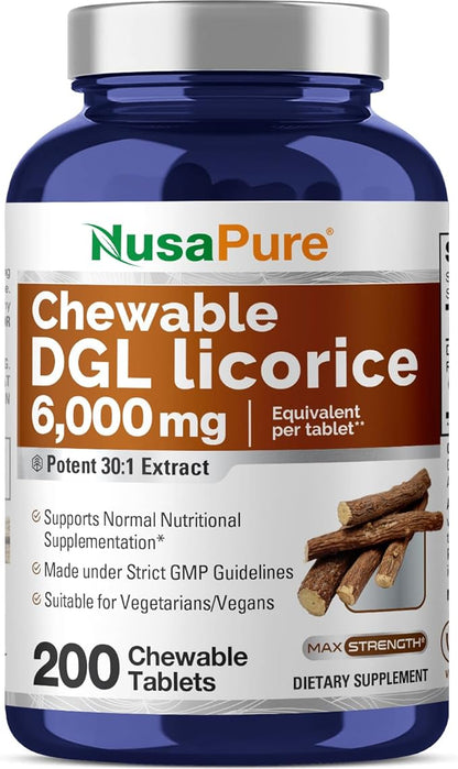 NusaPure DGL Deglycyrrhizinated Licorice 6,000 mg 200 Chewable Tabs, Vegan, Non-GMO Supplement
