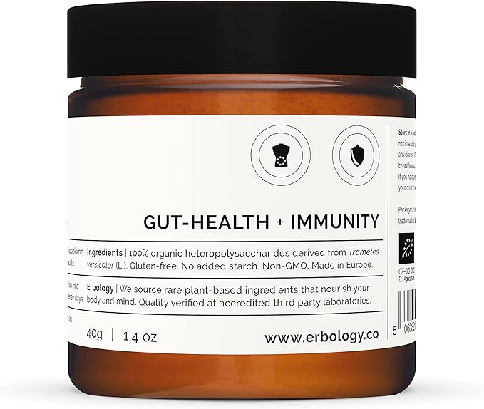 Erbology Organic Turkey Tail Mushroom Powder 40 Servings - 22% Beta-glucans - Prebiotic and Gut Nourishing - Trametes Versicolor - Small Batch - Sustainably Grown in Europe - Vegan - Non-GMO