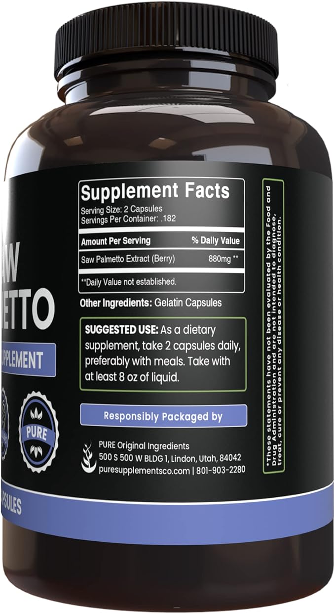 PURE ORIGINAL INGREDIENTS Saw Palmetto (365 Capsules) No Magnesium Or Rice Fillers, Always Pure, Lab Verified