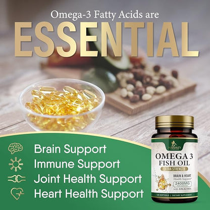 Triple Strength Omega 3 Fish Oil Supplement, EPA & DHA Fish Oil Omega 3 Essential Fatty Acids Supplement Softgels, 2400mg Brain & Heart Health Support Supplements - Gluten Free, Non-GMO, 120 Softgels