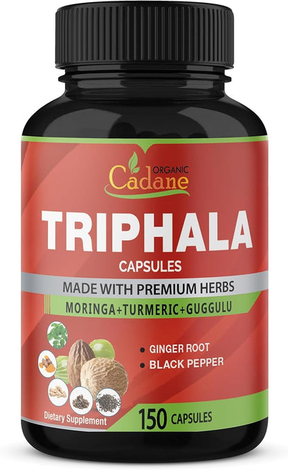 Organic Cadane Triphala Extract Capsules, 5 Months Supply with Turmeric, Guggulu, Ginger, Black Pepper, Moringa - Support Digestion Health & Immune System