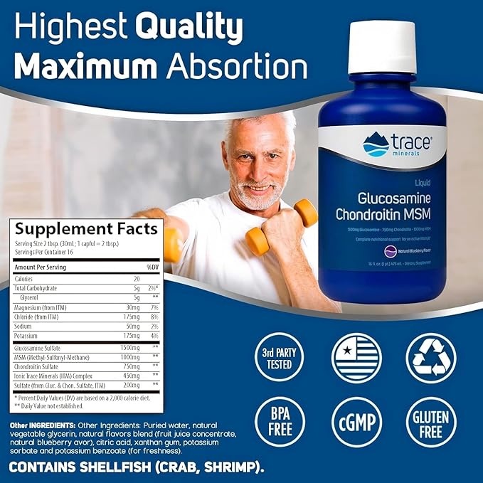 Trace Minerals | Liquid Glucosamine Chondroitin MSM | Complete Dietary Supplement for Active Lifestyle | Supports Joints, Cartilage and Mobility | Natural Blueberry Flavor | 16 Servings, 16 fl oz
