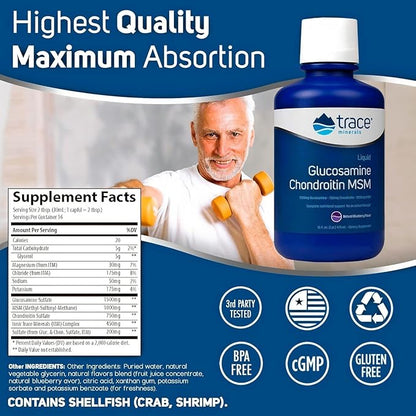 Trace Minerals | Liquid Glucosamine Chondroitin MSM | Complete Dietary Supplement for Active Lifestyle | Supports Joints, Cartilage and Mobility | Natural Blueberry Flavor | 16 Servings, 16 fl oz
