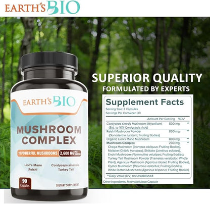 EARTH'S BIO Mushroom Supplement Complex 2,600 mg per Serving, 90 Caps, with Organic Lion's Mane Mushroom, Turkey Tail, Enoki Agaricus, White Button & Oyster Mushroom - Memory & Immune Support