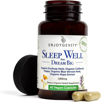 Organic Sleep Well Capsules - Calming and Relaxing Herbal Supplement - Sleep Aid - 60 Vegan Capsules - scullcap, California Poppy, Blue Vervain, Hops Extract - 1,500 mg