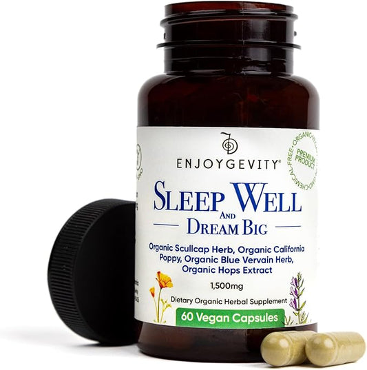 Organic Sleep Well Capsules - Calming and Relaxing Herbal Supplement - Sleep Aid - 60 Vegan Capsules - scullcap, California Poppy, Blue Vervain, Hops Extract - 1,500 mg