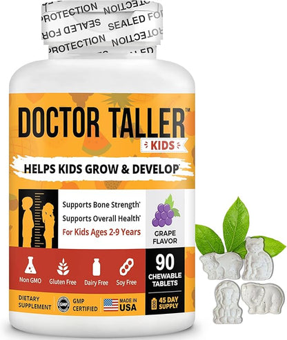 Doctor Taller Kids - Kids Multivitamins, Toddler Vitamins - Support Bone Strength, Enhanced Immunity with Calcium, Multivitamins for Ages 2 to 9 - Grape Flavor - 90 Vegan Chewable Tablets | 2 Pack