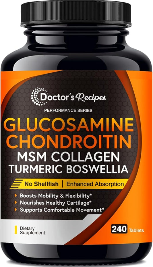 Doctor's Recipes Glucosamine Chondroitin MSM Turmeric Quercetin, Movement Support Supplement for Men & Women, with Black Pepper for High Absorption, Mobility & Flexibility, No Shellfish, 240 Tablets