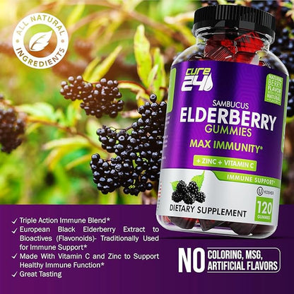 Sambucus Elderberry Gummies + Vitamin C + Zinc for Kids & Adults, X3 Immune Support, Natural Flavors + Ingredients, Vegan, Non-GMO, Made in USA (120)