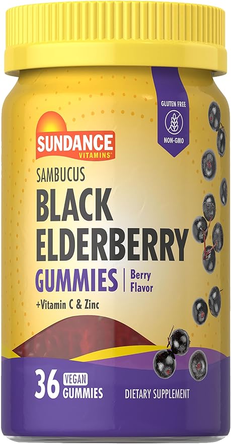 Sundance Black Elderberry Gummies | 36 Count | with Vitamin C and Zinc | Berry Flavor | Vegan, Non-GMO, and Gluten Free Supplement