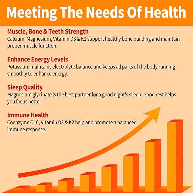 Magnesium Glycinate Gummies 600mg, Sugar Free Magnesium Potassium Supplement with Calcium, Vitamin D3, K2, CoQ10 for Adults and Kids, Stress & Muscle Relief, Orange (60 CT)