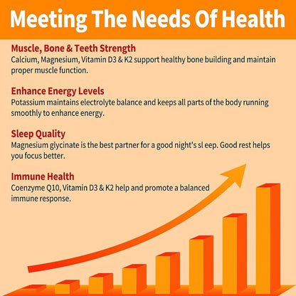 Magnesium Glycinate Gummies 600mg, Sugar Free Magnesium Potassium Supplement with Calcium, Vitamin D3, K2, CoQ10 for Adults and Kids, Stress & Muscle Relief, Orange (60 CT)