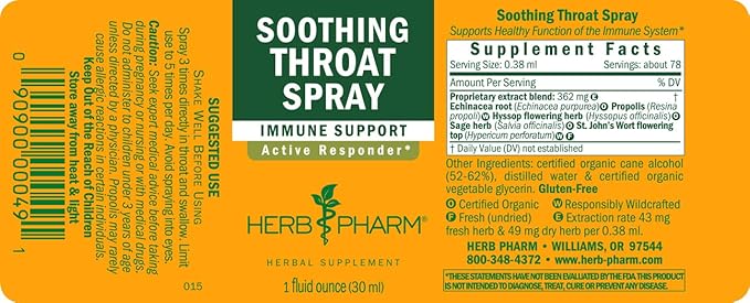 Herb Pharm Soothing Throat Spray Herbal Formula with Echinacea and Propolis, 1 Fl Oz (Pack of 1)