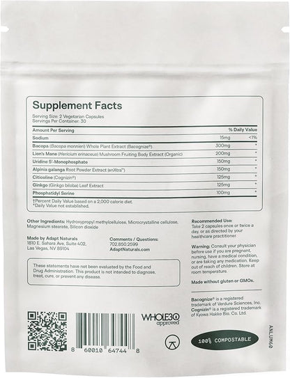 Adapt Naturals Luminous Mind Nootropic Brain Supplement with Ginkgo Biloba, Bacopa and Lions Mane | Memory, Focus, Mental Clarity and Elevated Mood Support | No Caffeine, Crash Free - 30 Days Supply