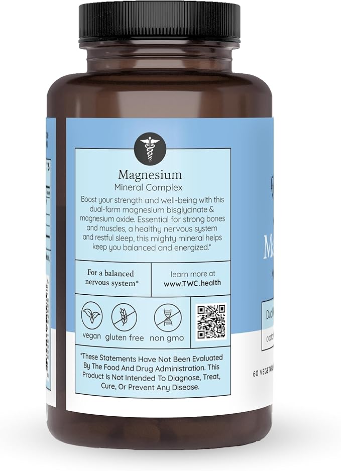 Magnesium Glycinate and Magnesium Citrate | 60 Capsules | Non-GMO, Gluten-Free | Supports Muscle Relaxation and Cardiovascular Health