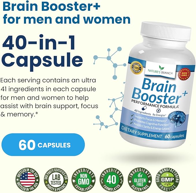 40-in-1 Brain Booster Supplement for Focus, Memory, Clarity, Energy | Advanced Vitamins Plus eBook | for Men & Women, Cognitive Function Nootropic Support with DMAE, Mind Health Formula | 60 Capsules