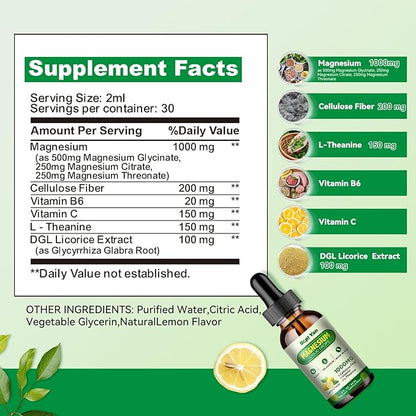 Magnesium Glycinate Liquid Drops, 1000mg Magnesium Glycinate, Citrate & Threonate with Cellulose Fiber, L-Theanine, Vitamin B & C for Sleep, Muscle, Energy & Relaxation, Sugar-Free Lemon Flavor