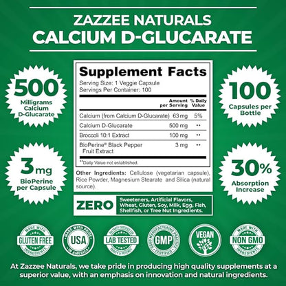 Zazzee High Absorption Calcium D-Glucarate, 500 mg per Capsule, 3 mg BioPerine for Enhanced Absorption, 100 Vegan Capsules, Plus Broccoli 10:1 Extract, 100% Vegetarian, CDG, All-Natural and Non-GMO